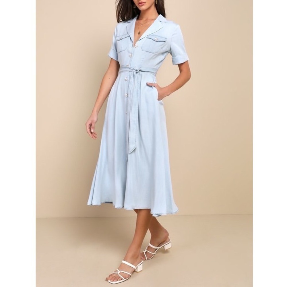 NWT‎ Lulus Pleasant Cutie Blue Chambray Collared Midi Dress With Pockets Small